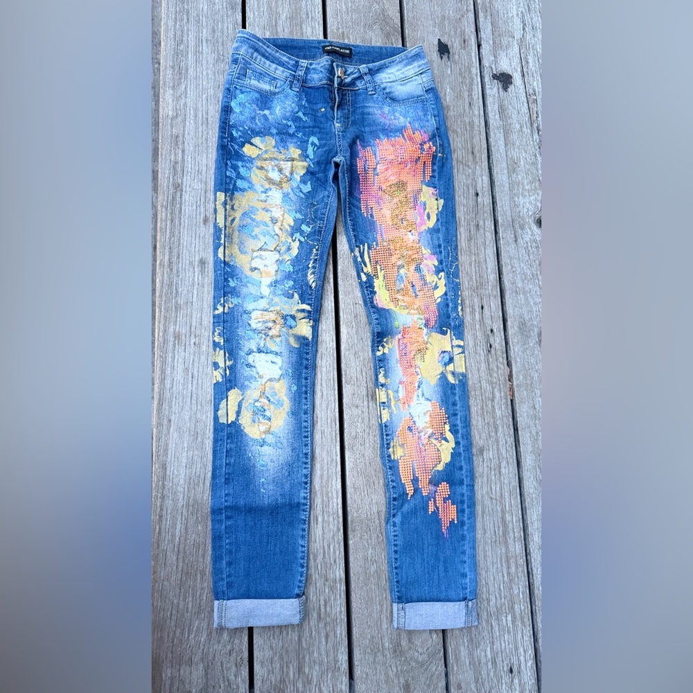 Hand-Painted Artistic Skinny Jeans – Gold Foil & 3D Orange Prints, Stretch Denim